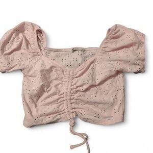 Crop Top Eyelet Blouse Large Coquette Milkmaid Peasant Smocked Festival Casual